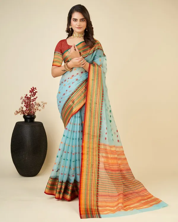 Blue_Cotton_Silk_Woven_Banarasi_Saree_With_Unstitched_Blouse_For_Women