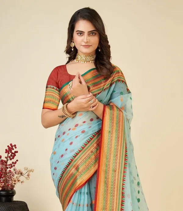 Blue_Cotton_Silk_Woven_Banarasi_Saree_With_Unstitched_Blouse_For_Women