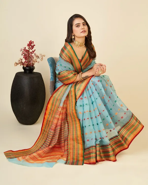 Blue_Cotton_Silk_Woven_Banarasi_Saree_With_Unstitched_Blouse_For_Women