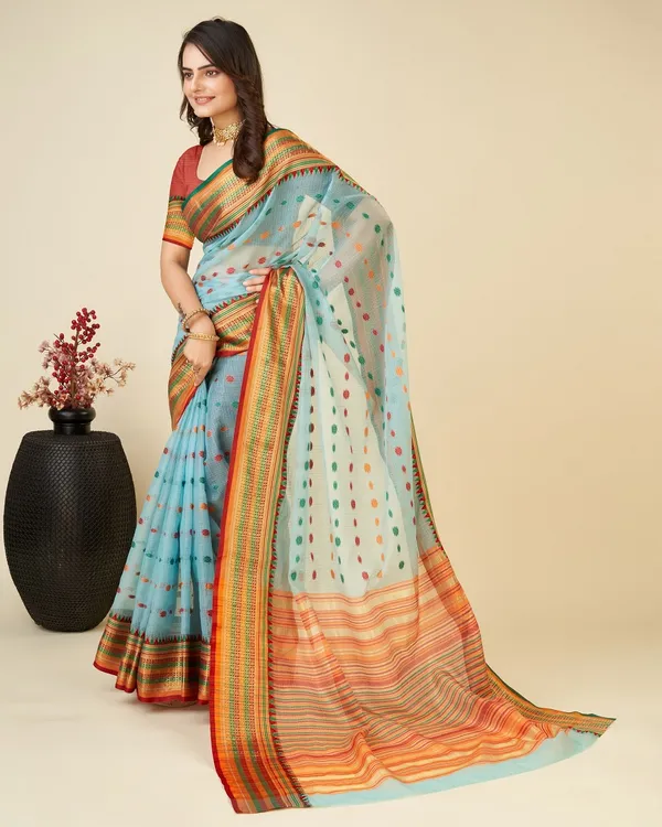 Blue_Cotton_Silk_Woven_Banarasi_Saree_With_Unstitched_Blouse_For_Women