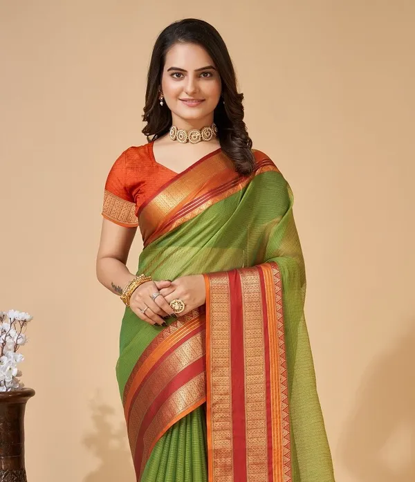 Green_Cotton_Silk_Woven_Banarasi_Saree_With_Unstitched_Blouse_For_Women