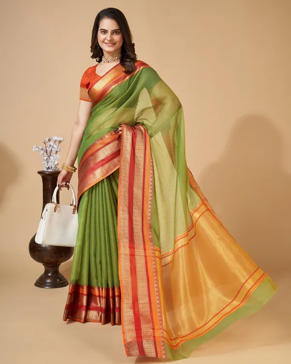 Green_Cotton_Silk_Woven_Banarasi_Saree_With_Unstitched_Blouse_For_Women