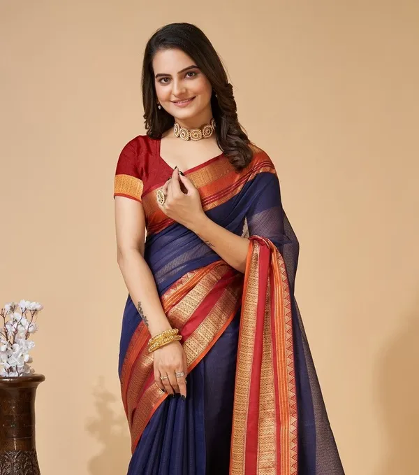 Dark_Blue_Cotton_Silk_Woven_Leheria_Saree_With_Unstitched_Blouse_For_Women