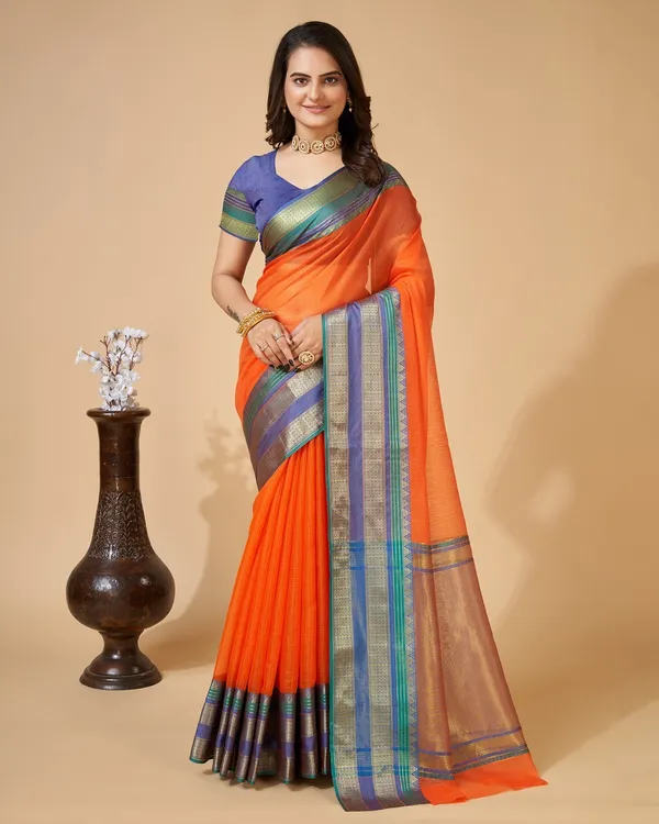 Orange_Cotton_Silk_Woven_Leheria_Saree_With_Unstitched_Blouse_For_Women