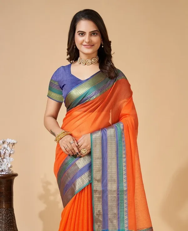Orange_Cotton_Silk_Woven_Leheria_Saree_With_Unstitched_Blouse_For_Women