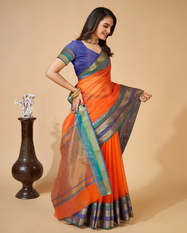 Orange_Cotton_Silk_Woven_Leheria_Saree_With_Unstitched_Blouse_For_Women