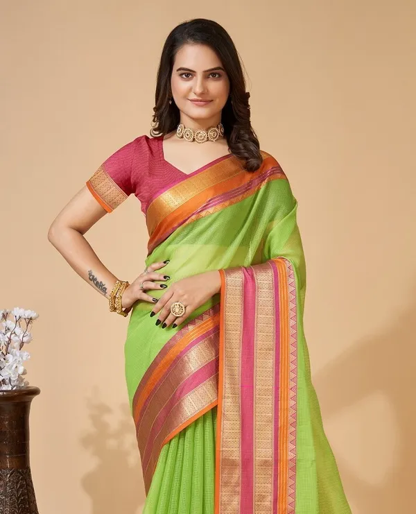 Green_Cotton_Silk_Woven_Leheria_Saree_With_Unstitched_Blouse_For_Women
