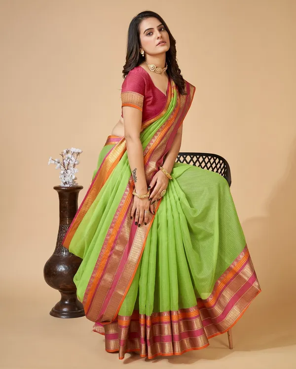Green_Cotton_Silk_Woven_Leheria_Saree_With_Unstitched_Blouse_For_Women