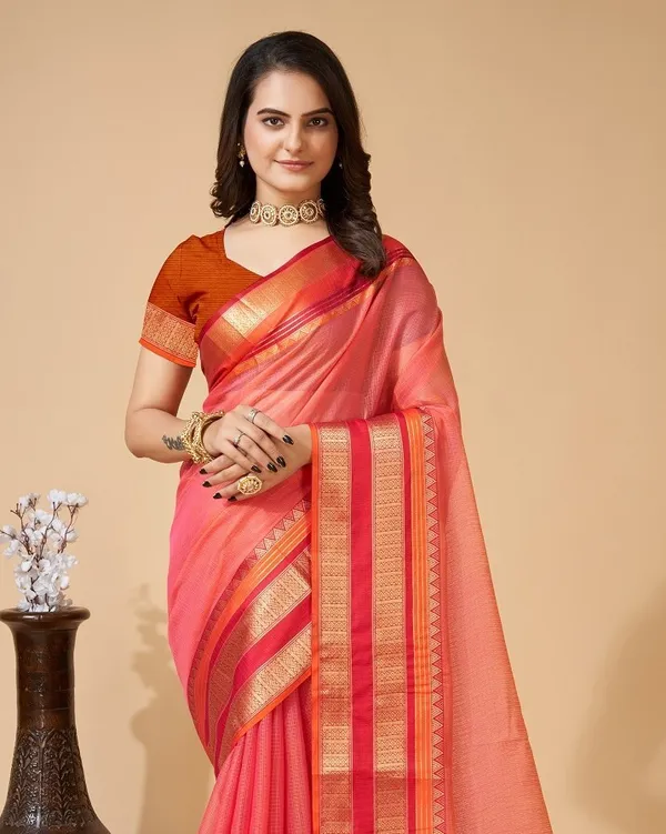 Orange_Cotton_Silk_Woven_Leheria_Saree_With_Unstitched_Blouse_For_Women