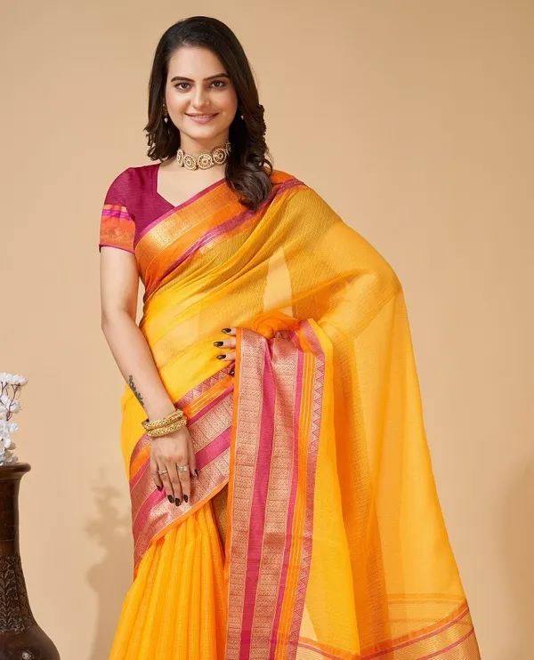 Yellow_Cotton_Silk_Woven_Bandhani_Saree_With_Unstitched_Blouse_For_Women