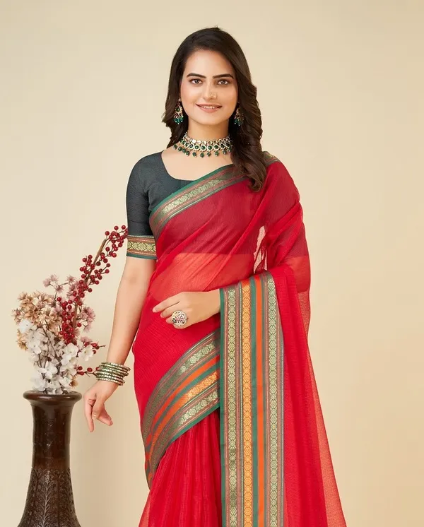 Red_Cotton_Silk_Woven_Patola_Saree_With_Unstitched_Blouse_For_Women