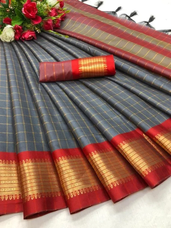 Grey_Cotton_Silk_Woven_Kanjivaram_Saree_With_Unstitched_Blouse_For_Women