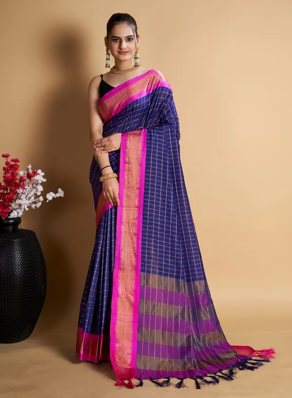 Dark_Blue_Cotton_Silk_Woven_Kanjivaram_Saree_With_Unstitched_Blouse_For_Women