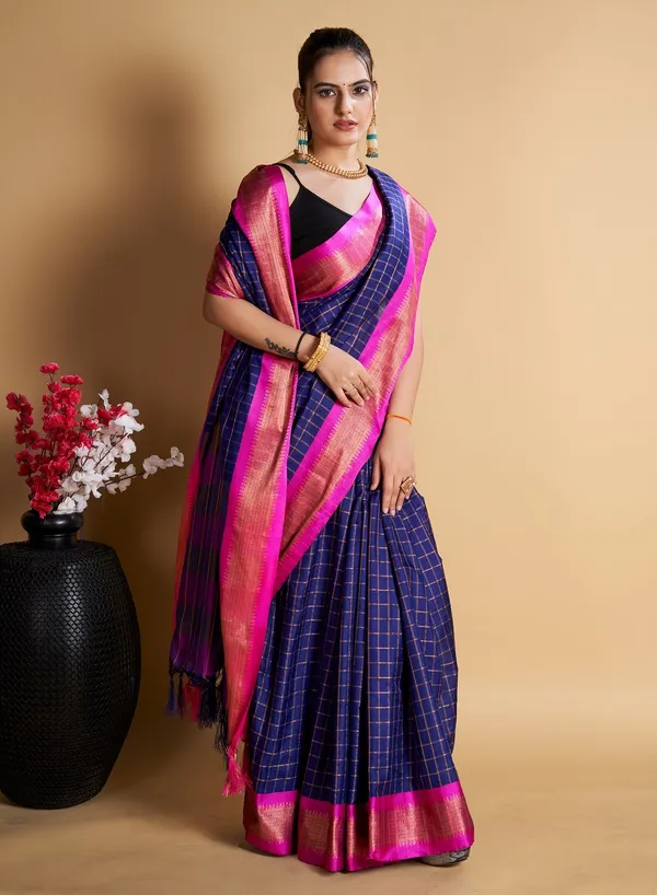 Dark_Blue_Cotton_Silk_Woven_Kanjivaram_Saree_With_Unstitched_Blouse_For_Women