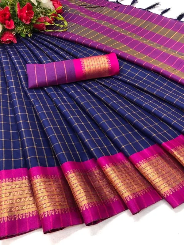 Dark_Blue_Cotton_Silk_Woven_Kanjivaram_Saree_With_Unstitched_Blouse_For_Women