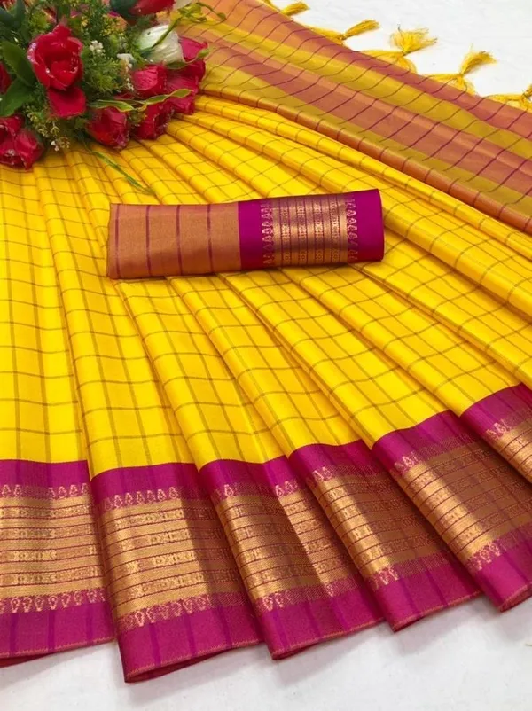 Yellow_Cotton_Silk_Woven_Kanjivaram_Saree_With_Unstitched_Blouse_For_Women