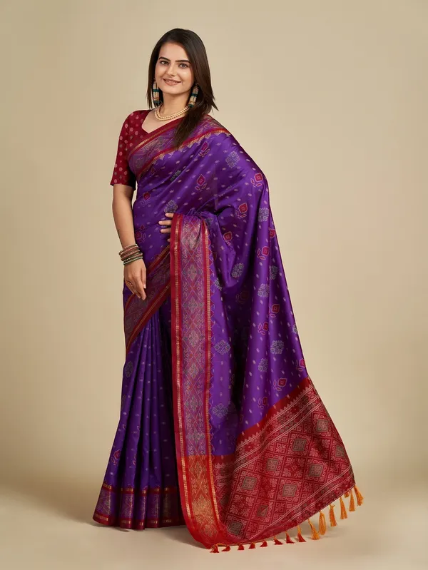 Purple_Cotton_Silk_Woven_Patola_Saree_With_Unstitched_Blouse_For_Women