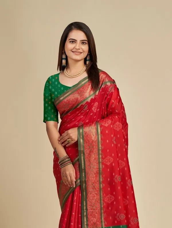 Red_Cotton_Silk_Woven_Patola_Saree_With_Unstitched_Blouse_For_Women