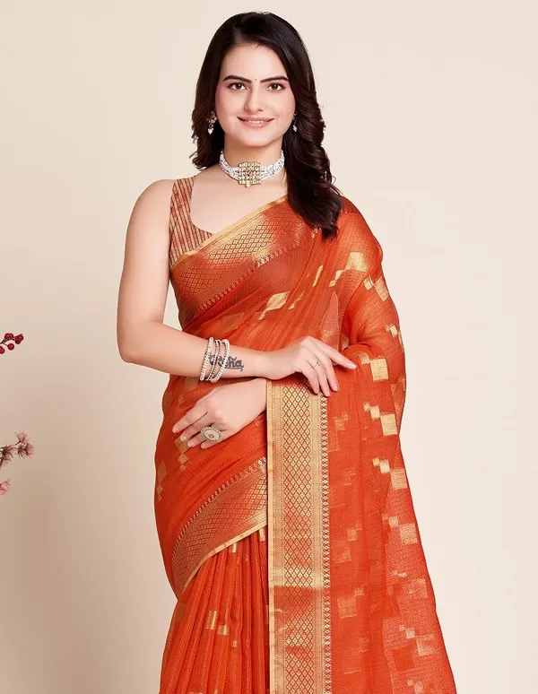Orange_Cotton_Silk_Woven_Patola_Saree_With_Unstitched_Blouse_For_Women