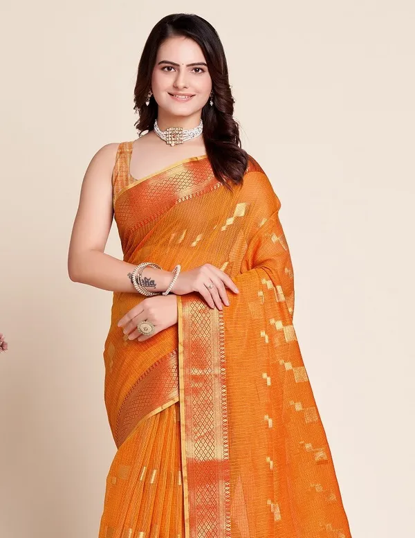 Orange_Cotton_Silk_Woven_Patola_Saree_With_Unstitched_Blouse_For_Women
