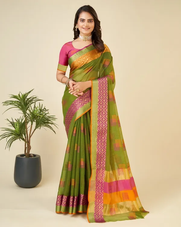Green_Cotton_Silk_Woven_Kanjivaram_Saree_With_Unstitched_Blouse_For_Women