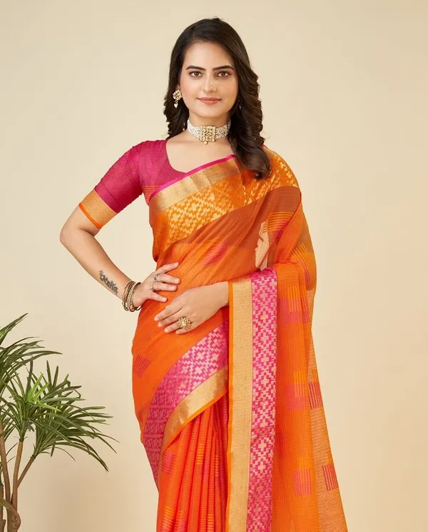 Orange_Cotton_Silk_Woven_Kanjivaram_Saree_With_Unstitched_Blouse_For_Women
