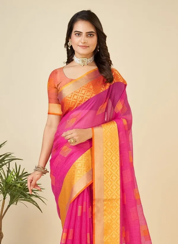 Pink_Cotton_Silk_Printed_Kanjivaram_Saree_With_Unstitched_Blouse_For_Women