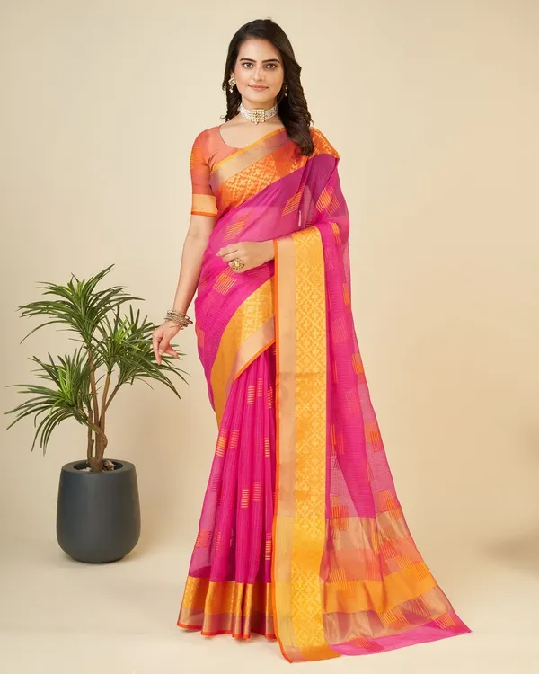 Pink_Cotton_Silk_Printed_Kanjivaram_Saree_With_Unstitched_Blouse_For_Women