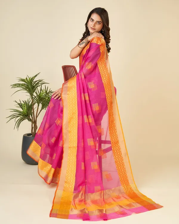 Pink_Cotton_Silk_Printed_Kanjivaram_Saree_With_Unstitched_Blouse_For_Women