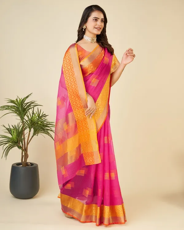 Pink_Cotton_Silk_Printed_Kanjivaram_Saree_With_Unstitched_Blouse_For_Women