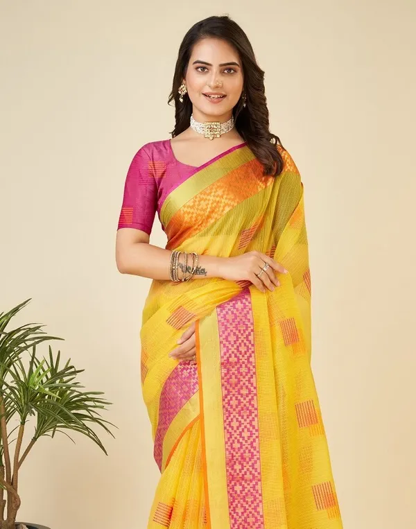 Yellow_Cotton_Silk_Woven_Kota_Doria_Saree_With_Unstitched_Blouse_For_Women