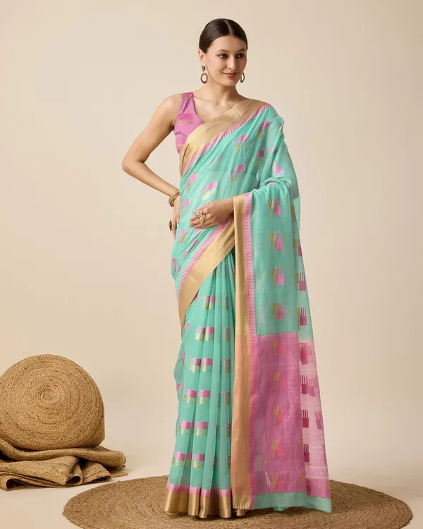 Blue_Cotton_Silk_Woven_Banarasi_Saree_With_Unstitched_Blouse_For_Women