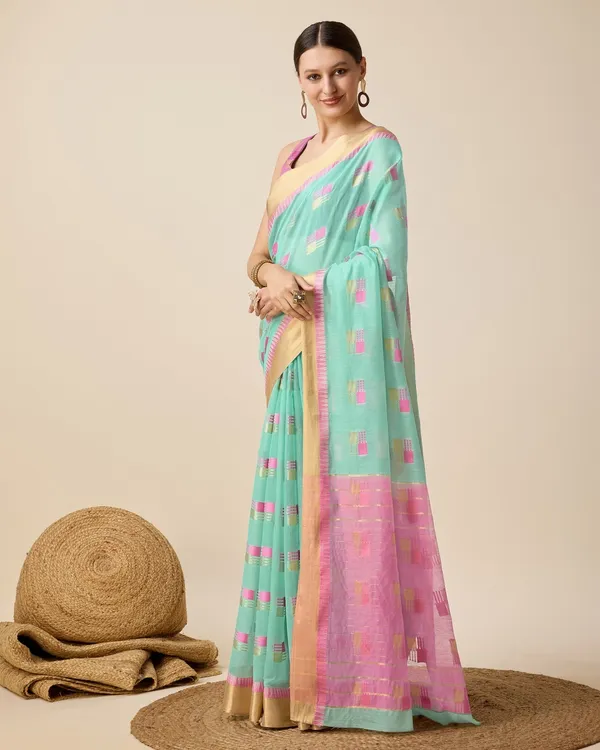 Blue_Cotton_Silk_Woven_Banarasi_Saree_With_Unstitched_Blouse_For_Women