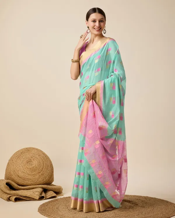 Blue_Cotton_Silk_Woven_Banarasi_Saree_With_Unstitched_Blouse_For_Women