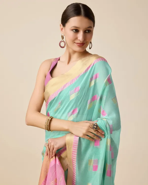 Blue_Cotton_Silk_Woven_Banarasi_Saree_With_Unstitched_Blouse_For_Women