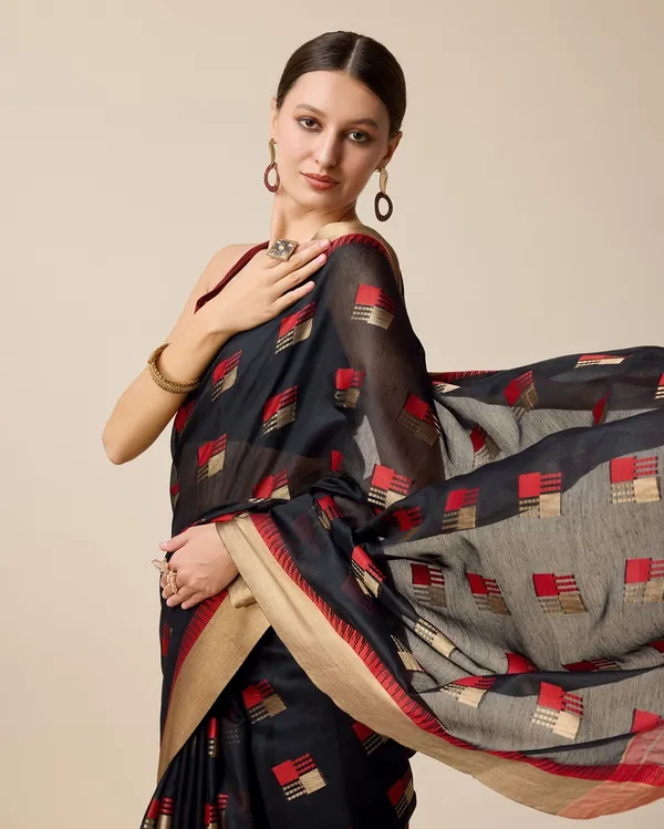 Black_Cotton_Silk_Woven_Banarasi_Saree_With_Unstitched_Blouse_For_Women