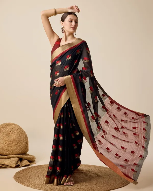 Black_Cotton_Silk_Woven_Banarasi_Saree_With_Unstitched_Blouse_For_Women