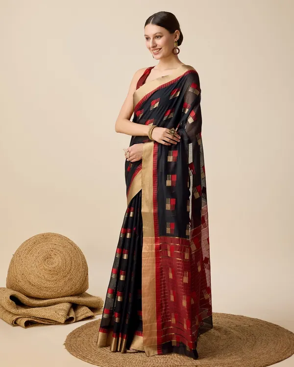 Black_Cotton_Silk_Woven_Banarasi_Saree_With_Unstitched_Blouse_For_Women