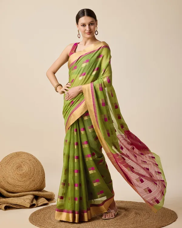 Green_Cotton_Silk_Woven_Banarasi_Saree_With_Unstitched_Blouse_For_Women