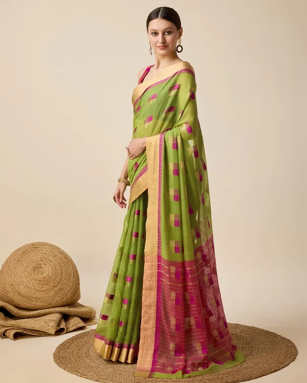 Green_Cotton_Silk_Woven_Banarasi_Saree_With_Unstitched_Blouse_For_Women