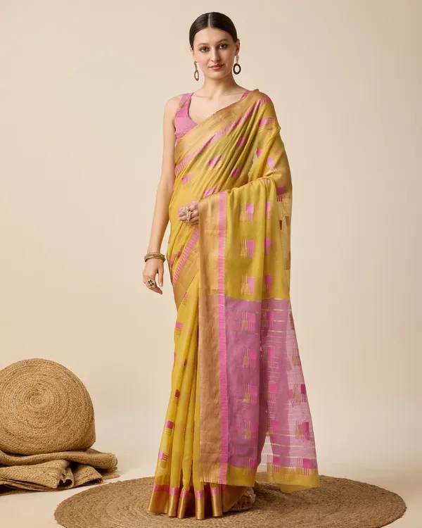 Mustard_Cotton_Silk_Woven_Banarasi_Saree_With_Unstitched_Blouse_For_Women