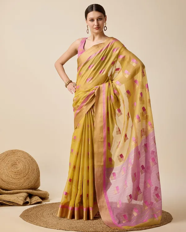 Mustard_Cotton_Silk_Woven_Banarasi_Saree_With_Unstitched_Blouse_For_Women