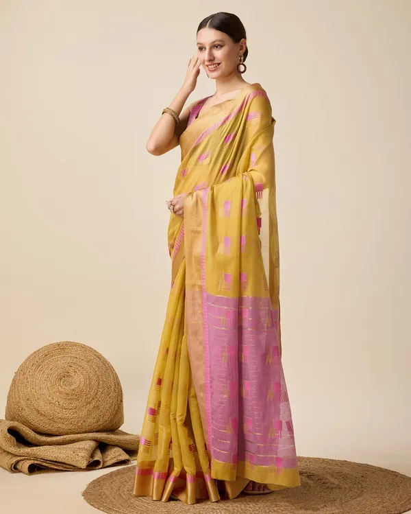 Mustard_Cotton_Silk_Woven_Banarasi_Saree_With_Unstitched_Blouse_For_Women