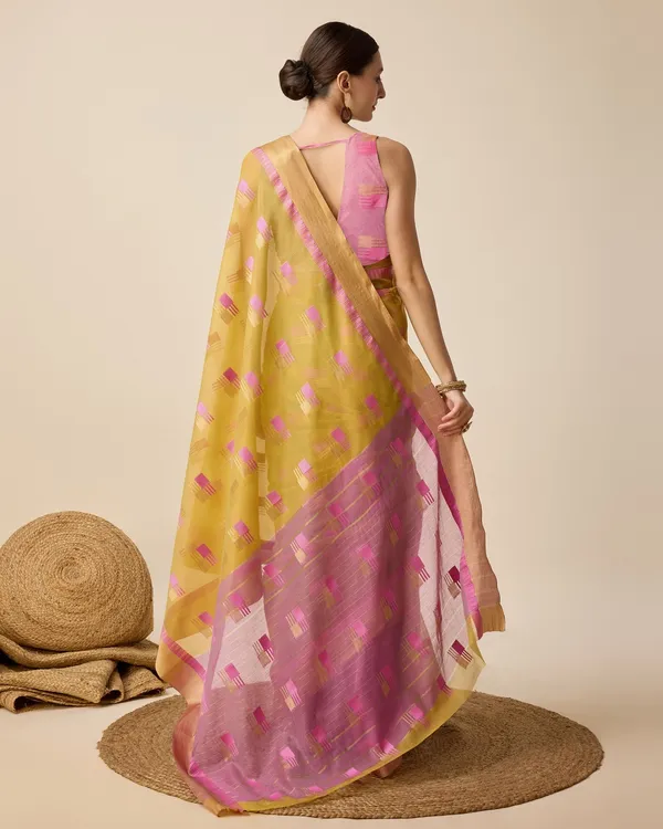 Mustard_Cotton_Silk_Woven_Banarasi_Saree_With_Unstitched_Blouse_For_Women