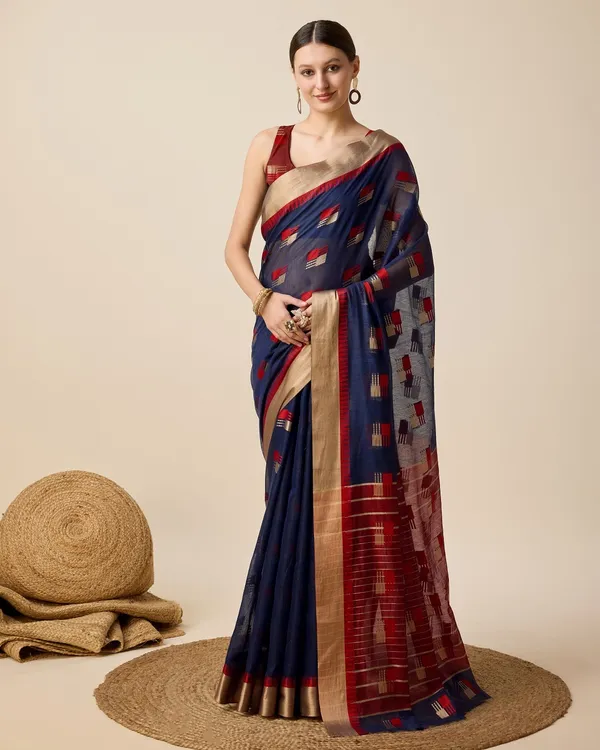 Dark_Blue_&_Red_Cotton_Silk_Woven_Banarasi_Saree_With_Unstitched_Blouse_For_Women