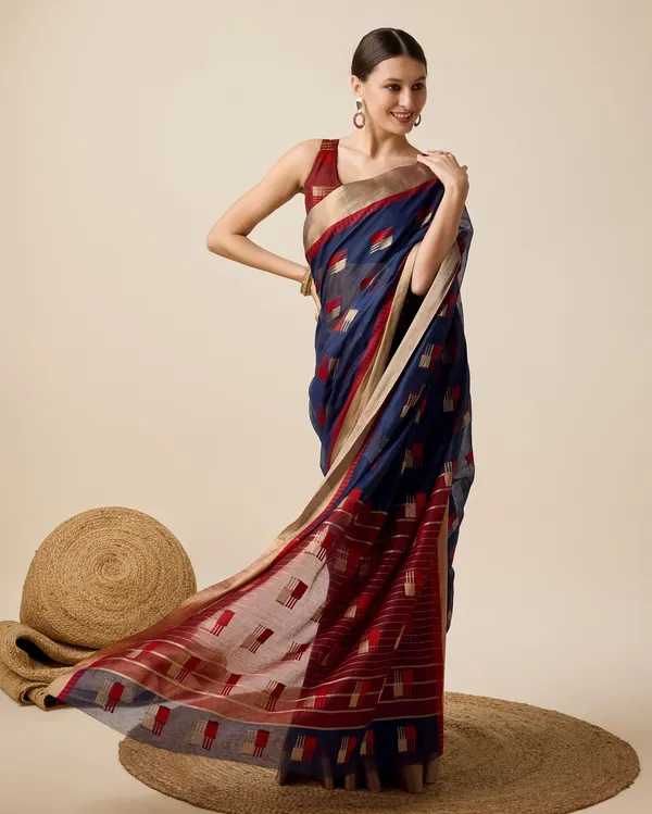 Dark_Blue_&_Red_Cotton_Silk_Woven_Banarasi_Saree_With_Unstitched_Blouse_For_Women