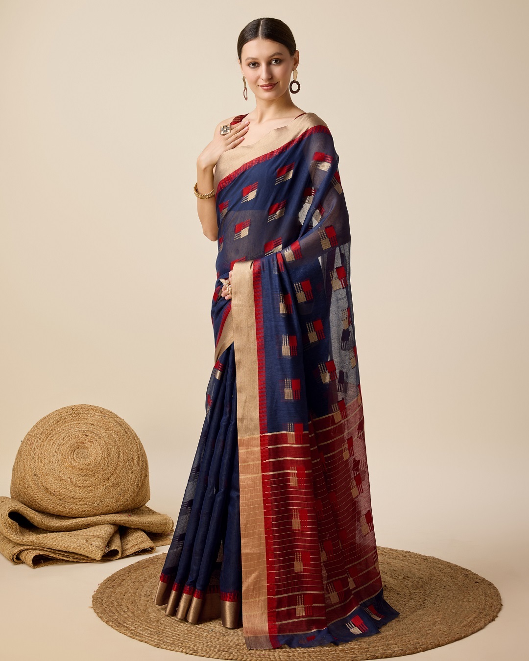 Dark_Blue_&_Red_Cotton_Silk_Woven_Banarasi_Saree_With_Unstitched_Blouse_For_Women