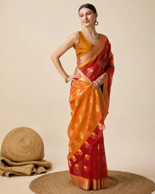Red_Cotton_Silk_Woven_Banarasi_Saree_With_Unstitched_Blouse_For_Women