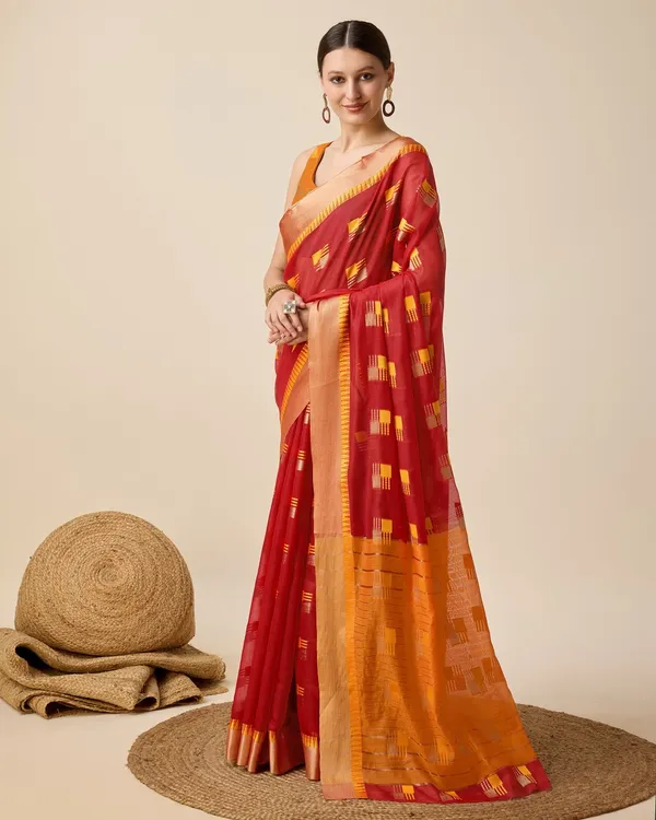 Red_Cotton_Silk_Woven_Banarasi_Saree_With_Unstitched_Blouse_For_Women