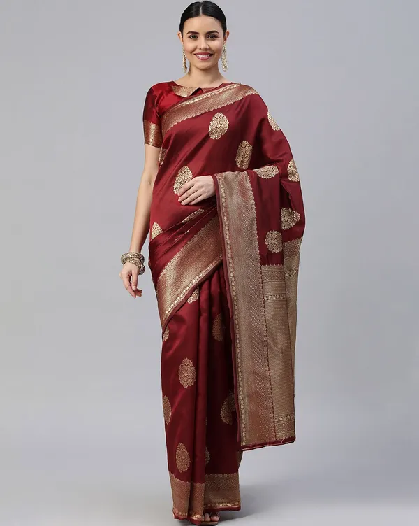Maroon_Cotton_Silk_Woven_Banarasi_Saree_With_Unstitched_Blouse_For_Women